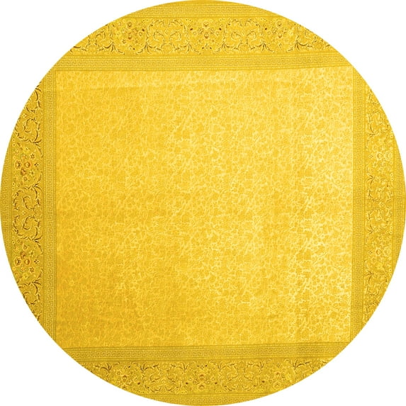 Ahgly Company Machine Washable Indoor Round Abstract Yellow Contemporary Area Rugs, 4' Round
