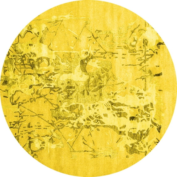 Ahgly Company Machine Washable Indoor Round Abstract Yellow Contemporary Area Rugs, 4' Round