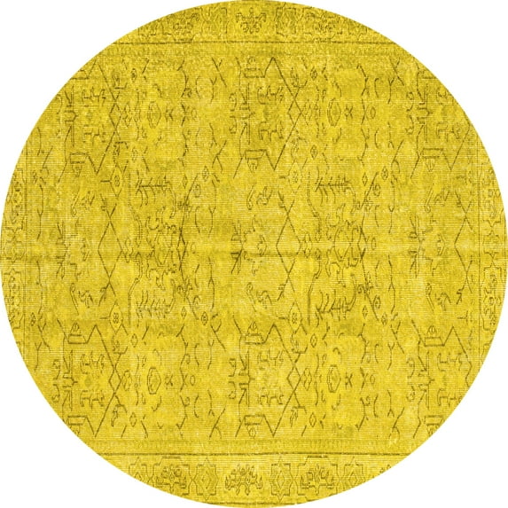 Ahgly Company Machine Washable Indoor Round Abstract Yellow Contemporary Area Rugs, 7' Round