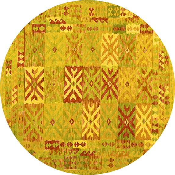 Ahgly Company Machine Washable Indoor Round Abstract Yellow Contemporary Area Rugs, 7' Round