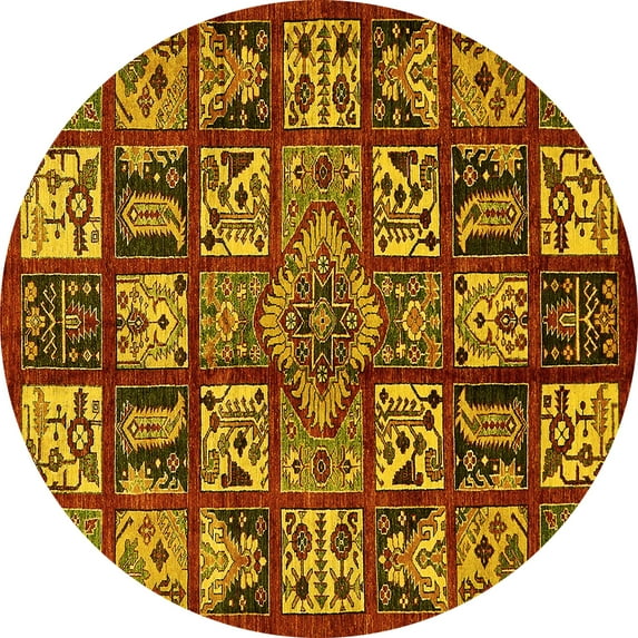Ahgly Company Machine Washable Indoor Round Abstract Yellow Modern Area Rugs, 3' Round