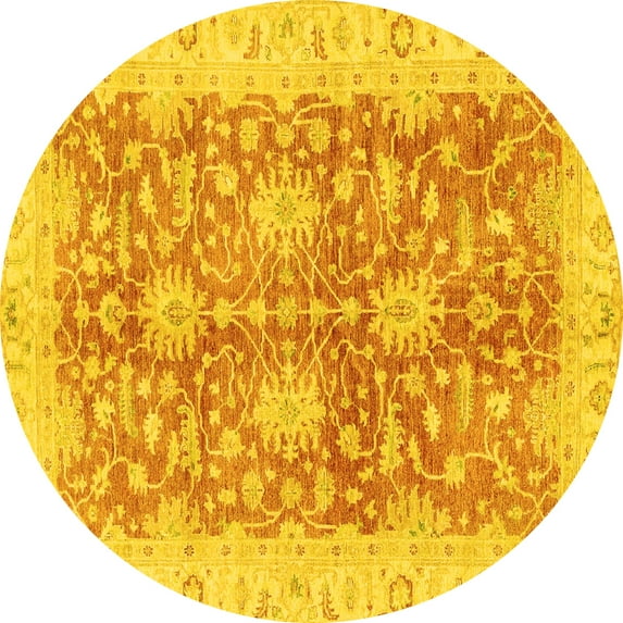 Ahgly Company Machine Washable Indoor Round Abstract Yellow Modern Area Rugs, 4' Round