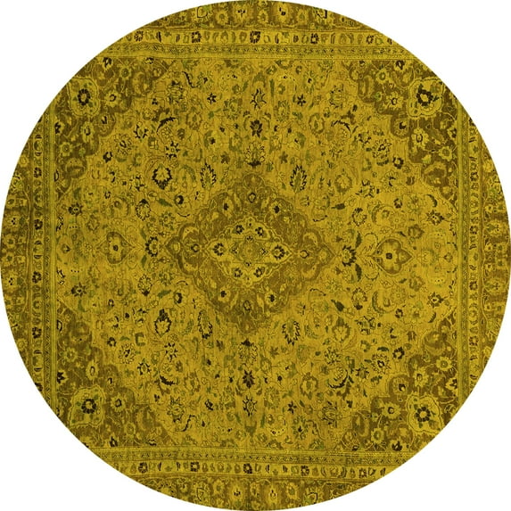 Ahgly Company Machine Washable Indoor Round Abstract Yellow Modern Area Rugs, 4' Round