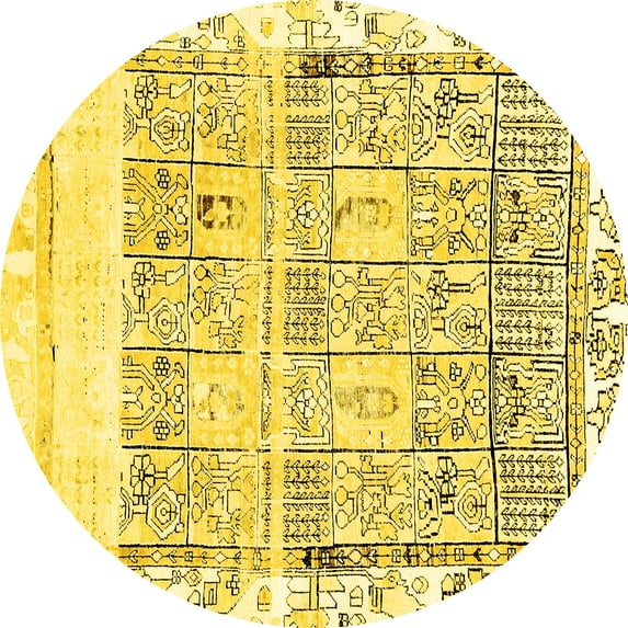 Ahgly Company Machine Washable Indoor Round Abstract Yellow Modern Area Rugs, 7' Round