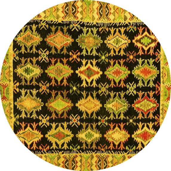 Ahgly Company Machine Washable Indoor Round Abstract Yellow Modern Area Rugs, 7' Round