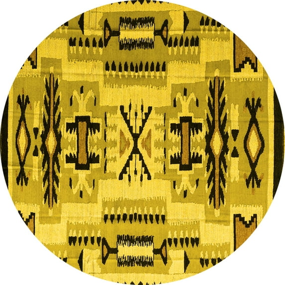 Ahgly Company Machine Washable Indoor Round Abstract Yellow Modern Area Rugs, 8' Round