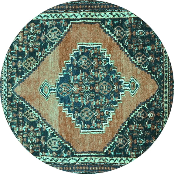 Ahgly Company Machine Washable Indoor Round Medallion Turquoise Blue Traditional Area Rugs, 4' Round