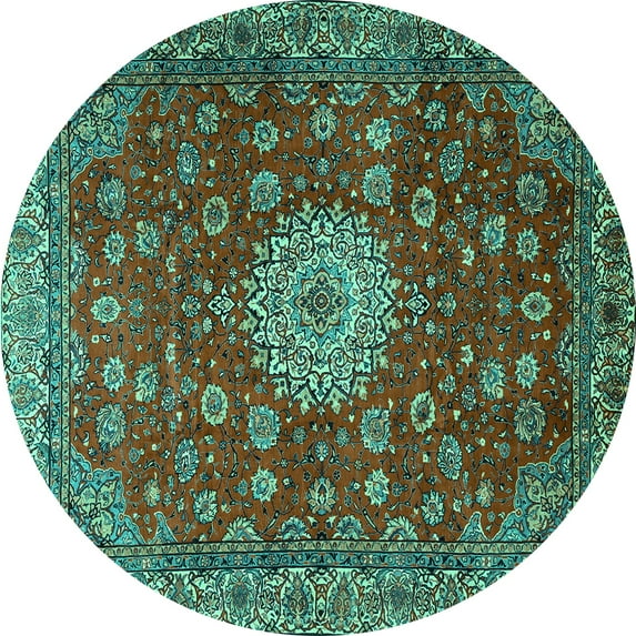Ahgly Company Machine Washable Indoor Round Medallion Turquoise Blue Traditional Area Rugs, 6' Round