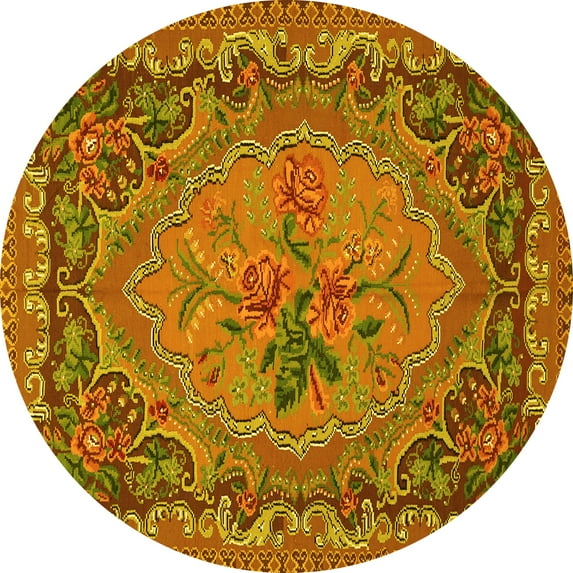 Ahgly Company Machine Washable Indoor Round Medallion Yellow French Area Rugs, 8' Round