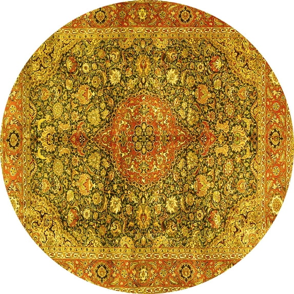 Ahgly Company Machine Washable Indoor Round Medallion Yellow Traditional Area Rugs, 3' Round