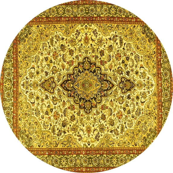 Ahgly Company Machine Washable Indoor Round Medallion Yellow Traditional Area Rugs, 4' Round