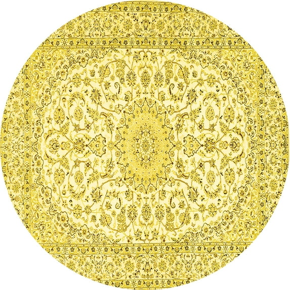 Ahgly Company Machine Washable Indoor Round Medallion Yellow Traditional Area Rugs, 4' Round