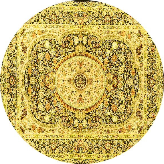 Ahgly Company Machine Washable Indoor Round Medallion Yellow Traditional Area Rugs, 5' Round