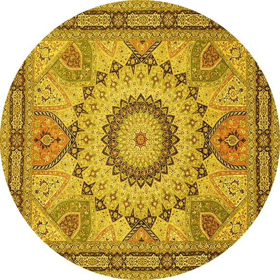 Ahgly Company Machine Washable Indoor Round Medallion Yellow Traditional Area Rugs, 5' Round