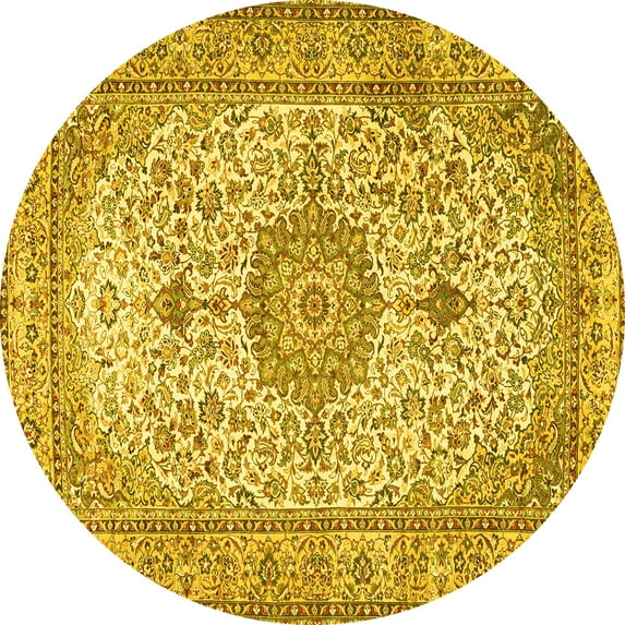 Ahgly Company Machine Washable Indoor Round Medallion Yellow Traditional Area Rugs, 5' Round