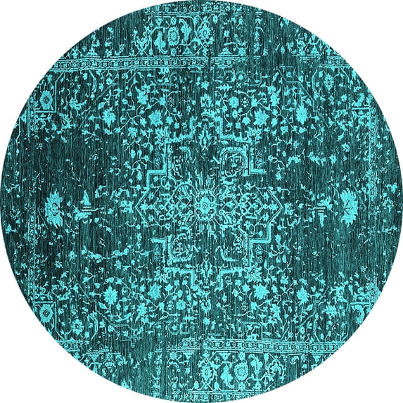 Ahgly Company Machine Washable Indoor Round Oriental Turquoise Blue Industrial Area Rugs, 3' Round