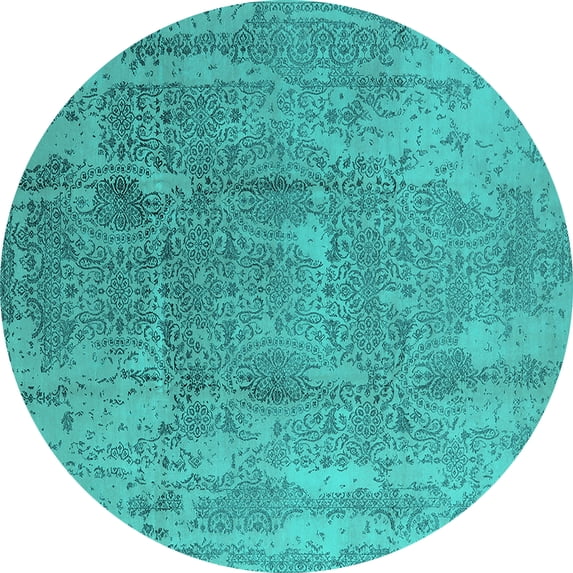 Ahgly Company Machine Washable Indoor Round Oriental Turquoise Blue Industrial Area Rugs, 4' Round