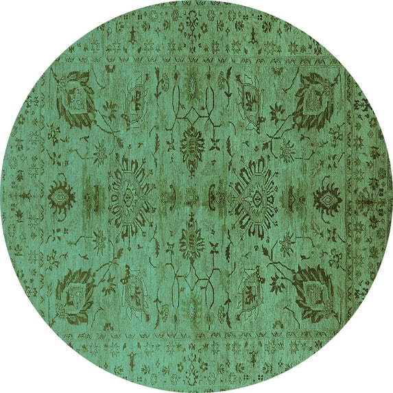 Ahgly Company Machine Washable Indoor Round Oriental Turquoise Blue Industrial Area Rugs, 6' Round