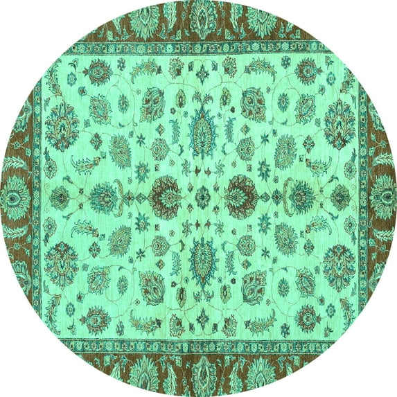 Ahgly Company Machine Washable Indoor Round Oriental Turquoise Blue Traditional Area Rugs, 5' Round