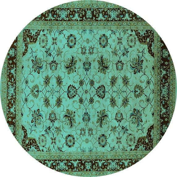 Ahgly Company Machine Washable Indoor Round Oriental Turquoise Blue Traditional Area Rugs, 6' Round