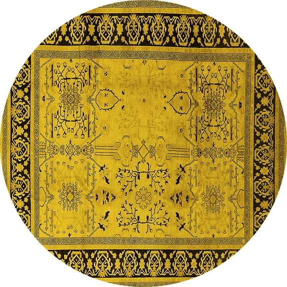 Ahgly Company Machine Washable Indoor Round Oriental Yellow Industrial Area Rugs, 4' Round