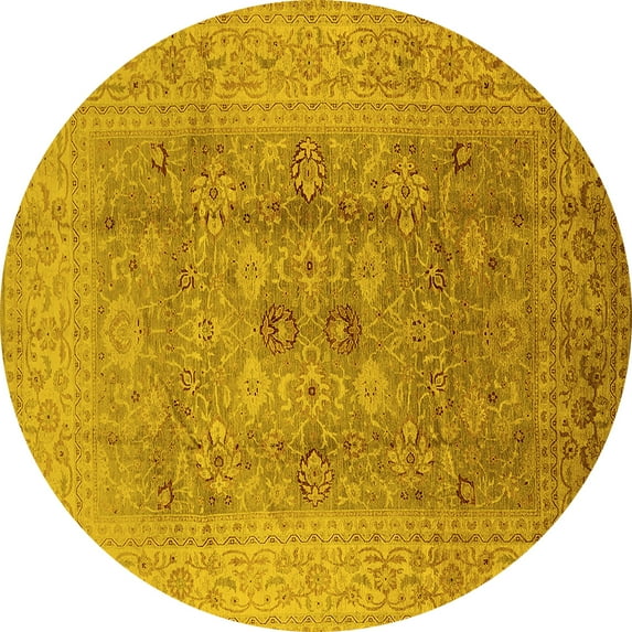 Ahgly Company Machine Washable Indoor Round Oriental Yellow Industrial Area Rugs, 7' Round