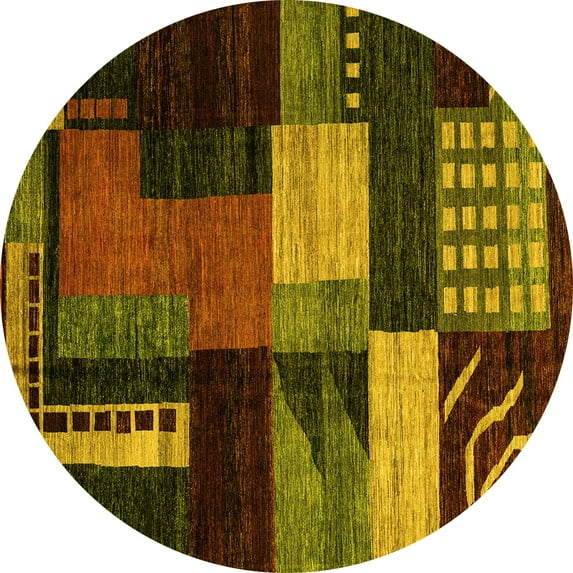 Ahgly Company Machine Washable Indoor Round Oriental Yellow Modern Area Rugs, 4' Round
