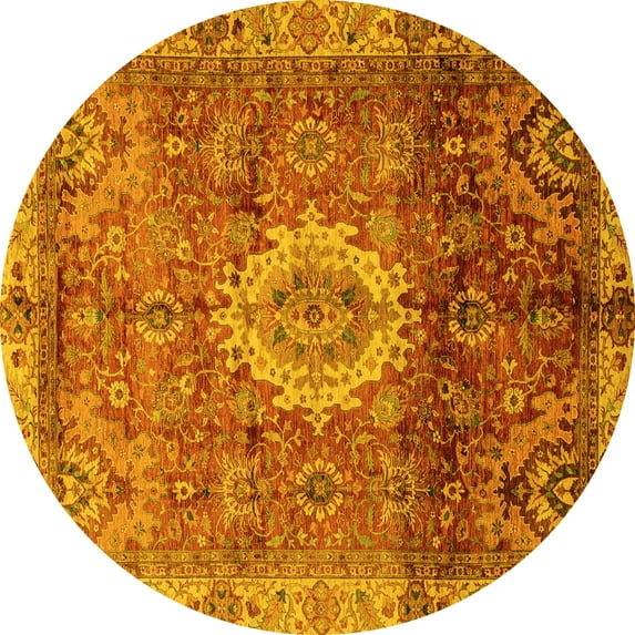 Ahgly Company Machine Washable Indoor Round Oriental Yellow Modern Area Rugs, 7' Round