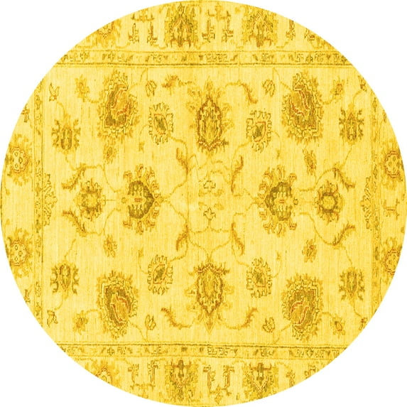 Ahgly Company Machine Washable Indoor Round Oriental Yellow Traditional Area Rugs, 4' Round