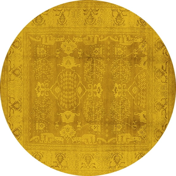 Ahgly Company Machine Washable Indoor Round Oriental Yellow Traditional Area Rugs, 5' Round