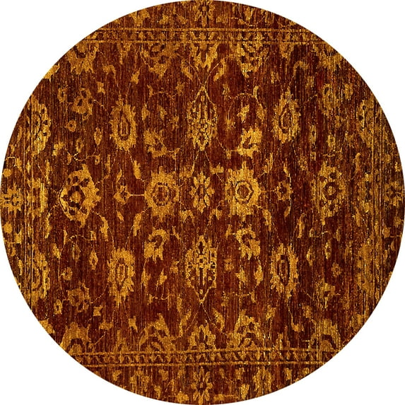 Ahgly Company Machine Washable Indoor Round Oriental Yellow Traditional Area Rugs, 5' Round