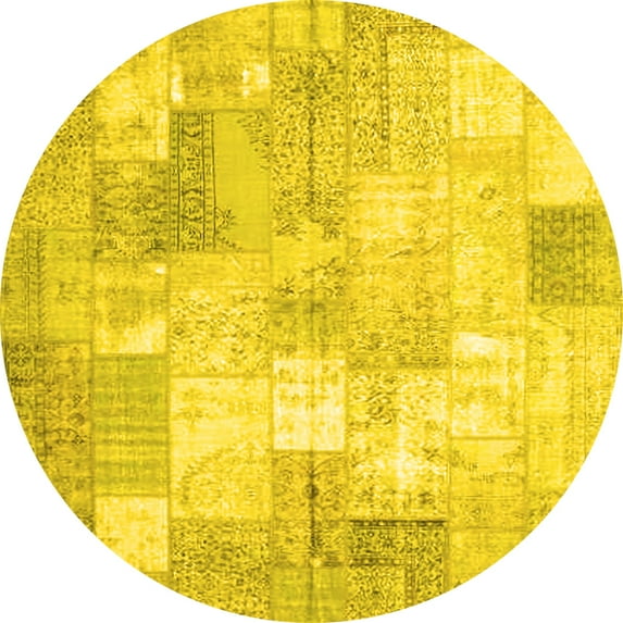 Ahgly Company Machine Washable Indoor Round Patchwork Yellow Transitional Area Rugs, 5' Round