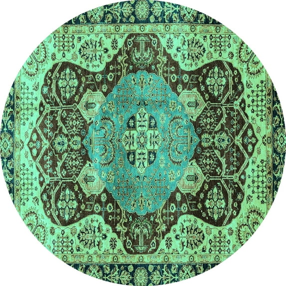 Ahgly Company Machine Washable Indoor Round Persian Turquoise Blue Traditional Area Rugs, 5' Round