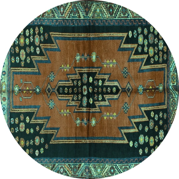 Ahgly Company Machine Washable Indoor Round Persian Turquoise Blue Traditional Area Rugs, 5' Round