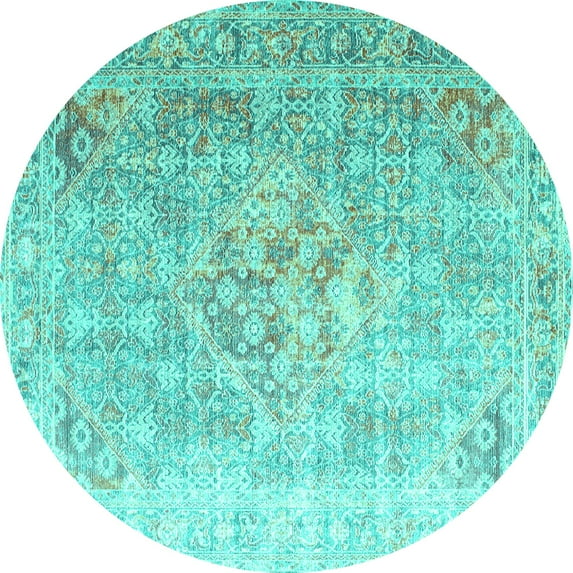 Ahgly Company Machine Washable Indoor Round Persian Turquoise Blue Traditional Area Rugs, 5' Round