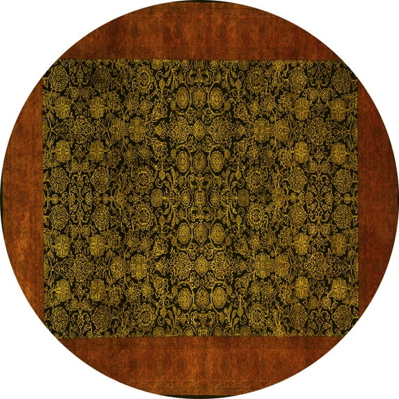 Ahgly Company Machine Washable Indoor Round Persian Yellow Traditional Area Rugs, 4' Round