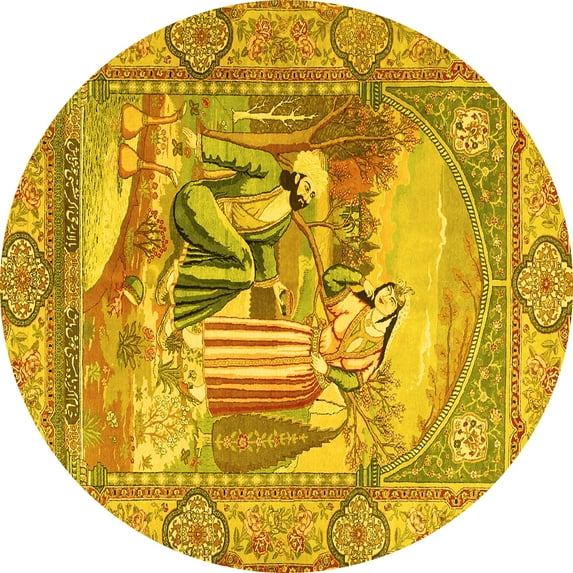 Ahgly Company Machine Washable Indoor Round Persian Yellow Traditional Area Rugs, 5' Round