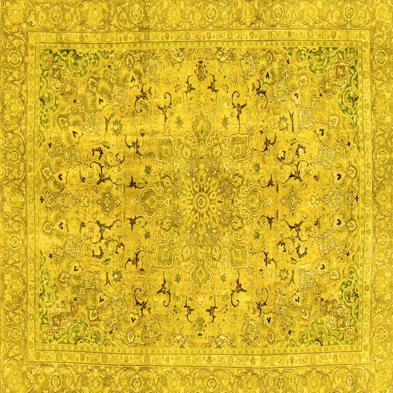 Ahgly Company Machine Washable Indoor Square Abstract Yellow Modern Area Rugs, 3' Square