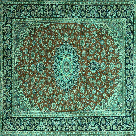 Ahgly Company Machine Washable Indoor Square Medallion Turquoise Blue Traditional Area Rugs, 4' Square