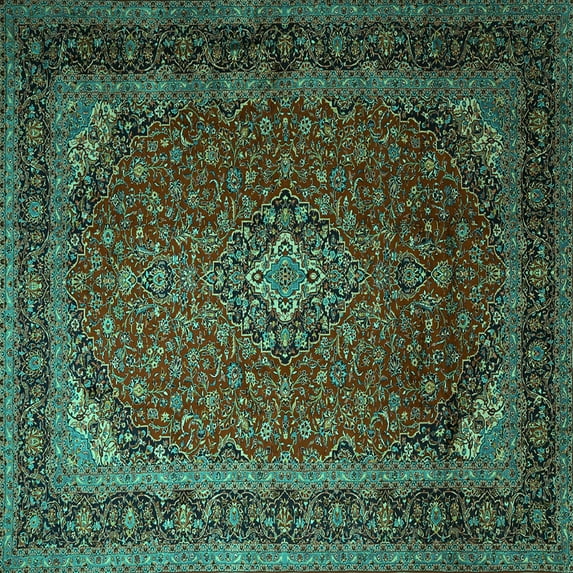 Ahgly Company Machine Washable Indoor Square Medallion Turquoise Blue Traditional Area Rugs, 5' Square