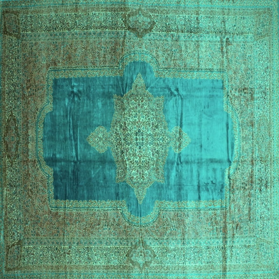 Ahgly Company Machine Washable Indoor Square Medallion Turquoise Blue Traditional Area Rugs, 6' Square