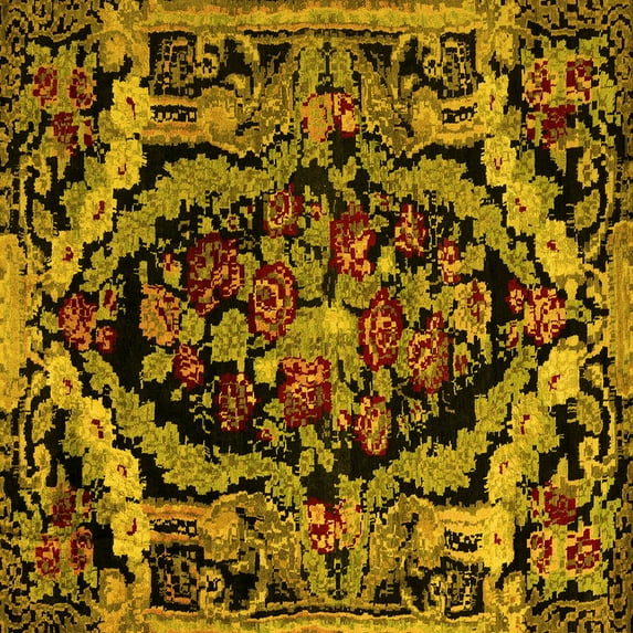 Ahgly Company Machine Washable Indoor Square Medallion Yellow French Area Rugs, 4' Square