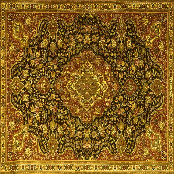 Ahgly Company Machine Washable Indoor Square Medallion Yellow Traditional Area Rugs, 4' Square