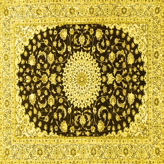 Ahgly Company Machine Washable Indoor Square Medallion Yellow Traditional Area Rugs, 4' Square