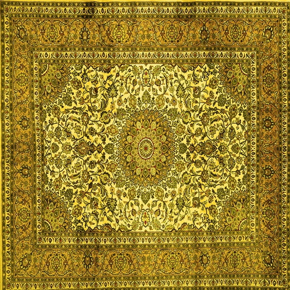 Ahgly Company Machine Washable Indoor Square Medallion Yellow Traditional Area Rugs, 5' Square