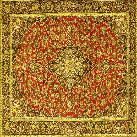 Ahgly Company Machine Washable Indoor Square Medallion Yellow Traditional Area Rugs, 5' Square