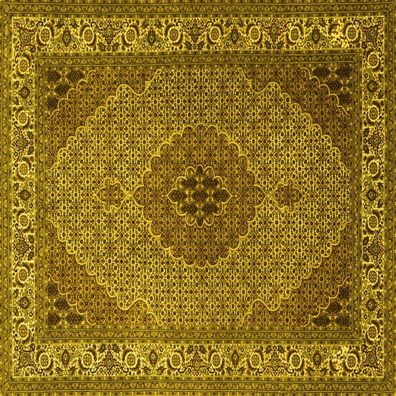 Ahgly Company Machine Washable Indoor Square Medallion Yellow Traditional Area Rugs, 5' Square