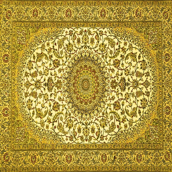 Ahgly Company Machine Washable Indoor Square Medallion Yellow Traditional Area Rugs, 6' Square