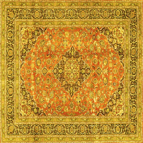 Ahgly Company Machine Washable Indoor Square Medallion Yellow Traditional Area Rugs, 6' Square