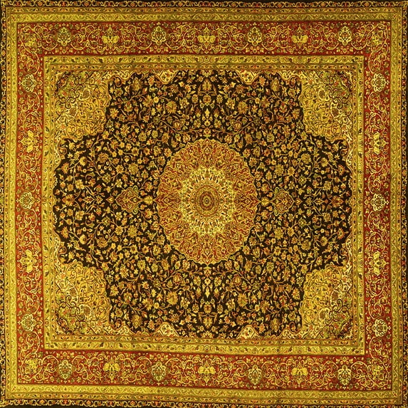 Ahgly Company Machine Washable Indoor Square Medallion Yellow Traditional Area Rugs, 8' Square
